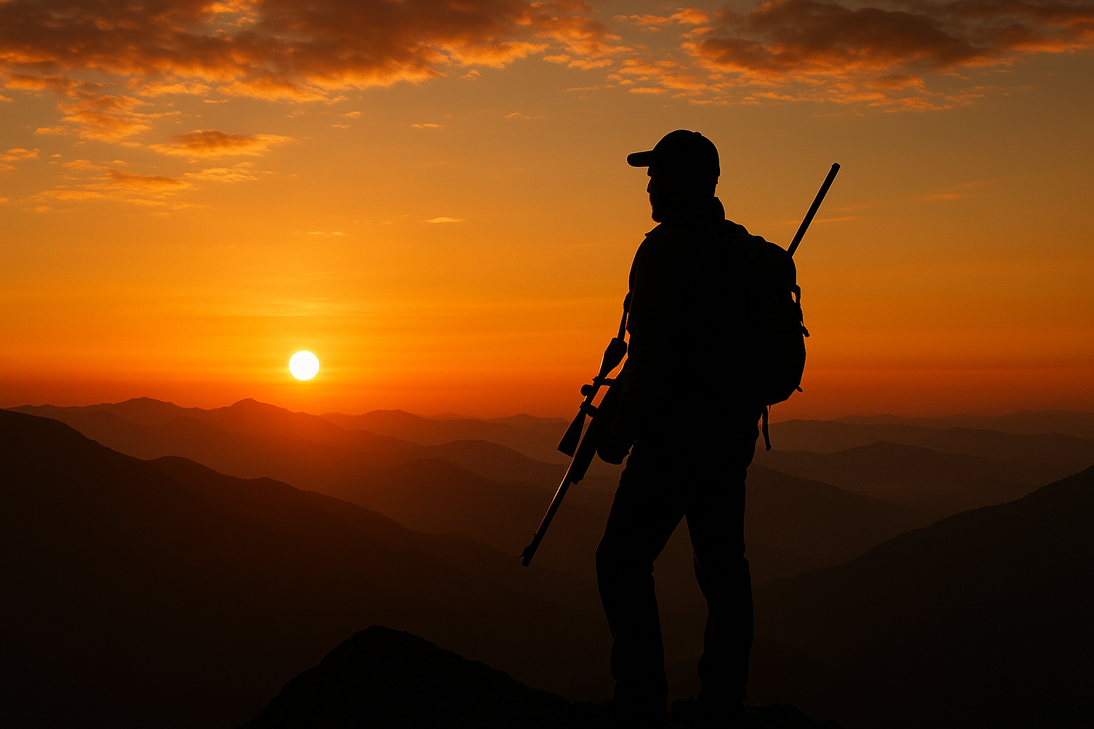 I want the silhouette of an hunter on a mountain peak as the sun rises in the distrance